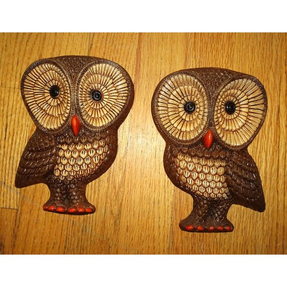 Vintage Barred Owl Pair Wall Hanging mcm 1970s plaque retro kitsch home decor